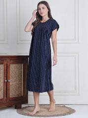 Navy Blue Striped Hosiery Nighty