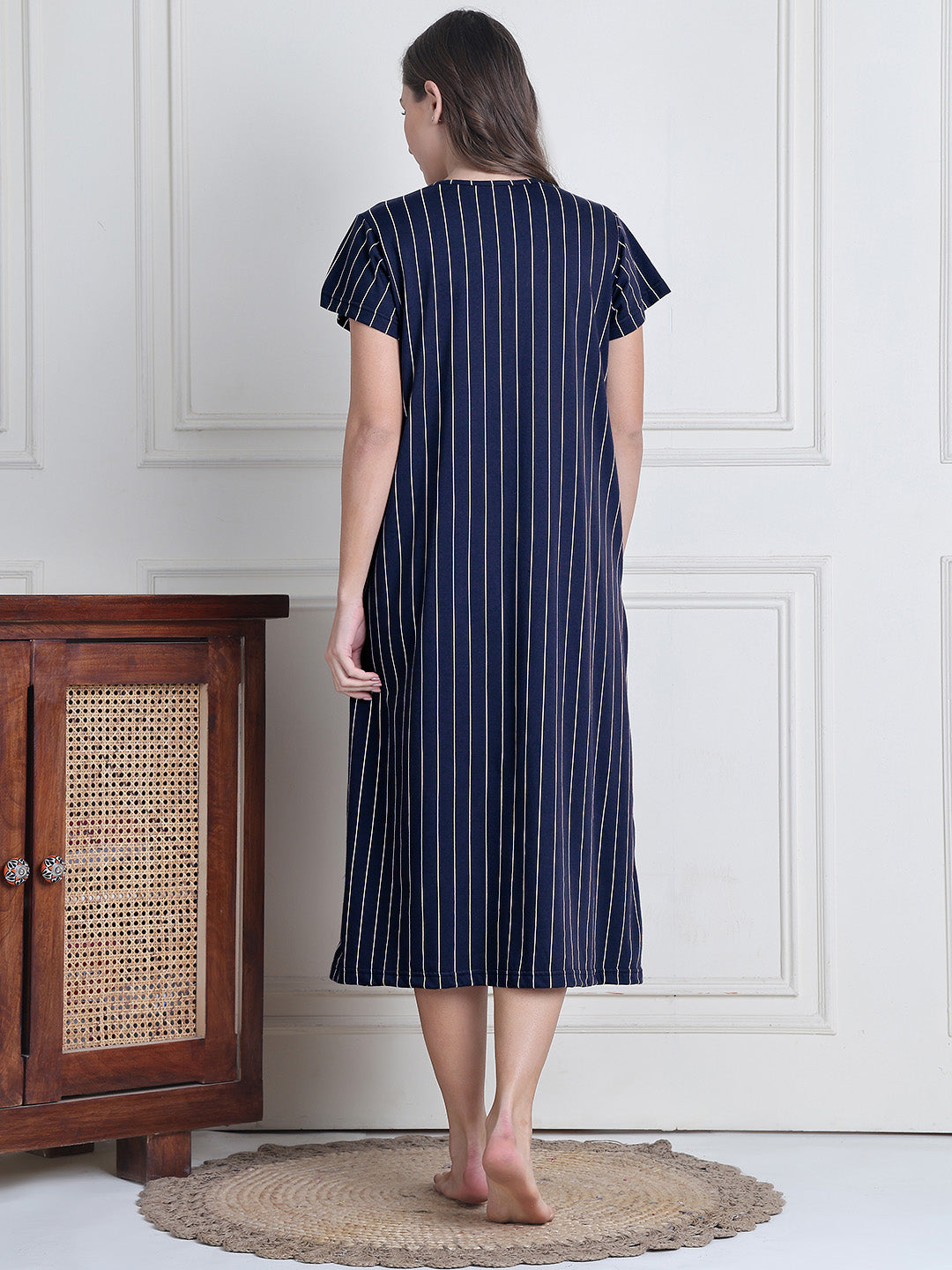 Navy Blue Striped Hosiery Nighty