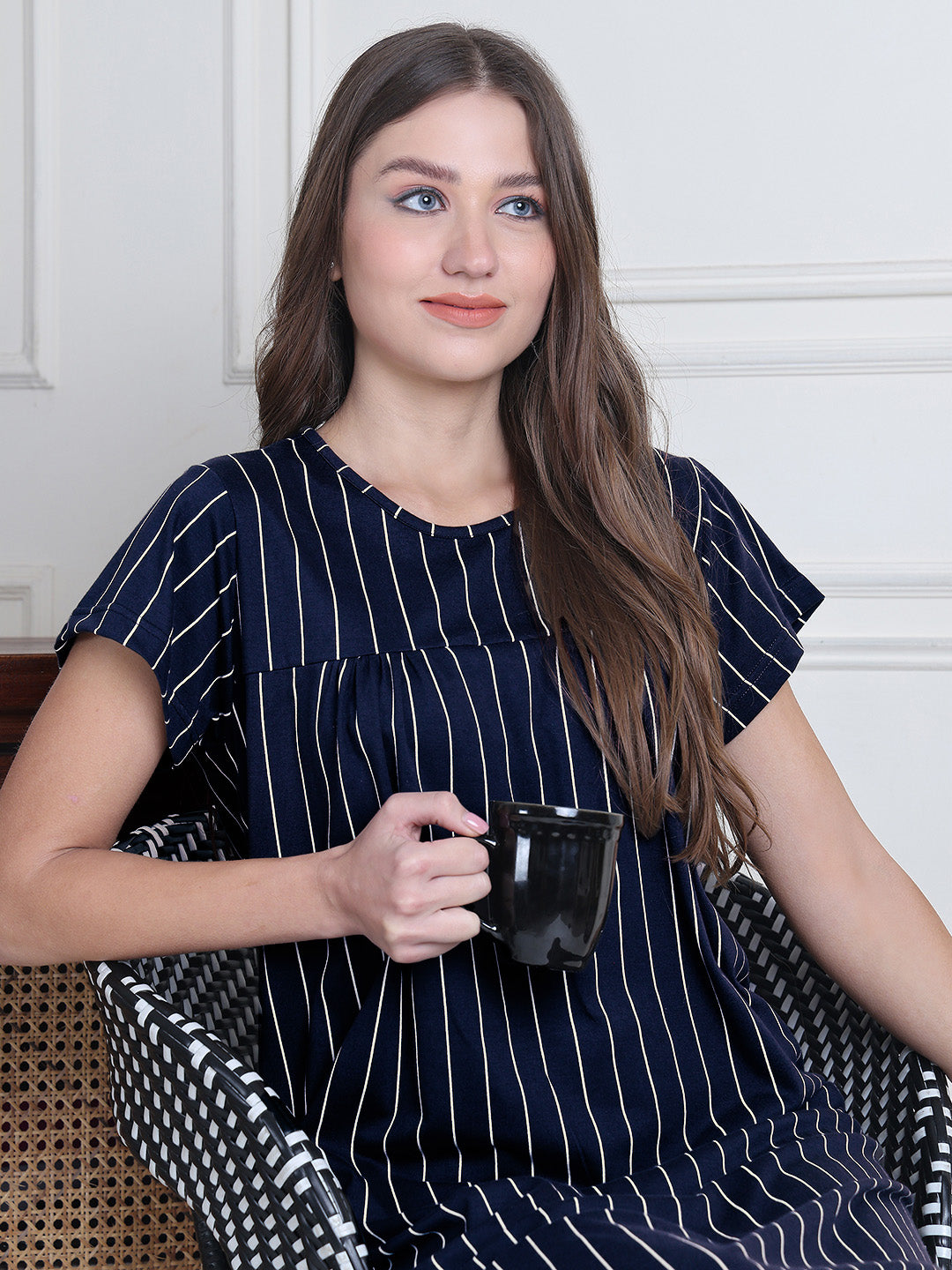 Navy Blue Striped Hosiery Nighty