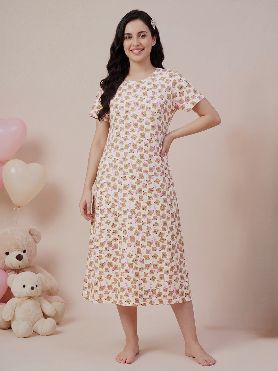 Beige Teddy Print Hosiery Nighty