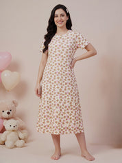 Beige Teddy Print Hosiery Nighty