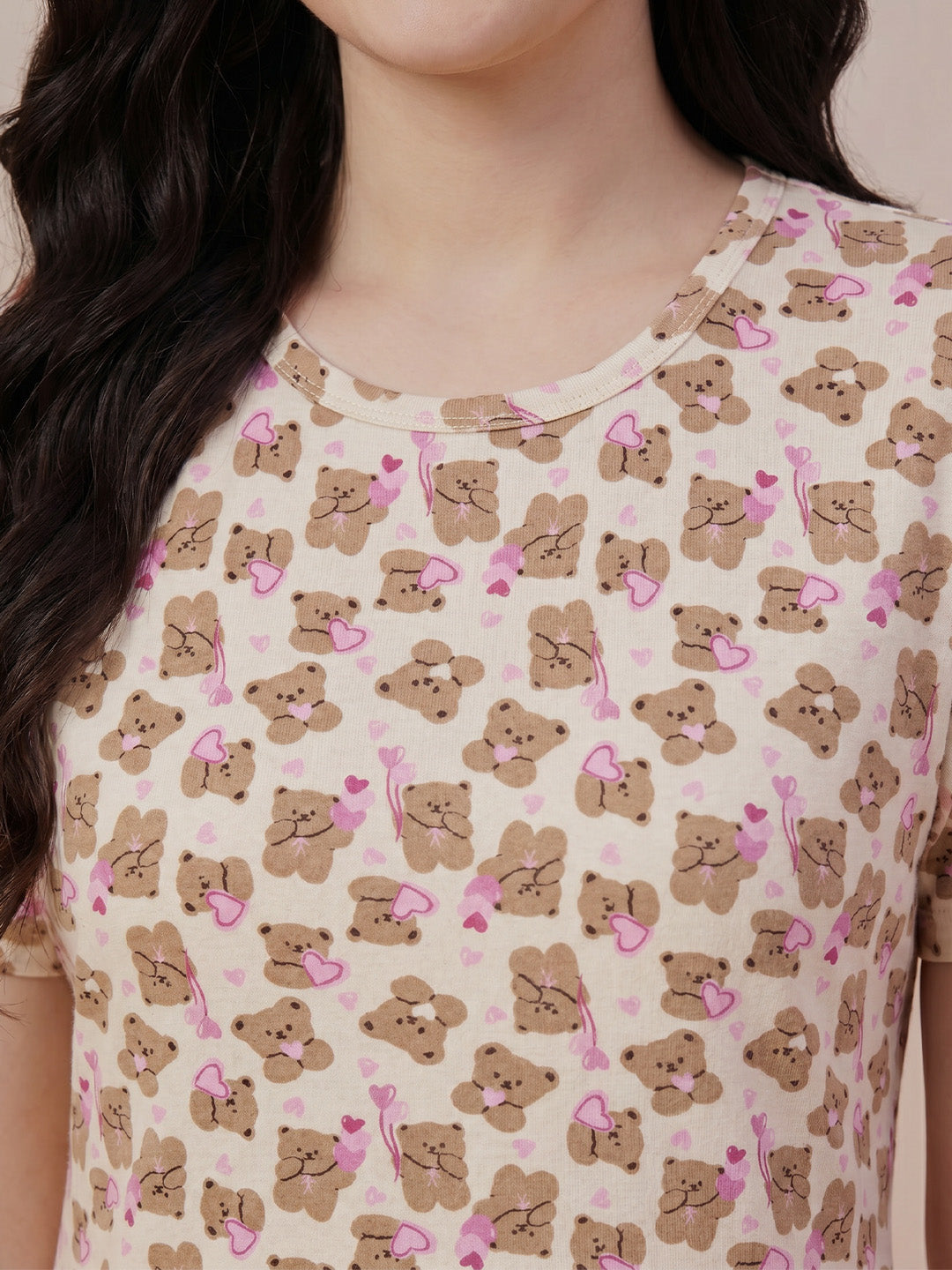 Beige Teddy Print Hosiery Nighty