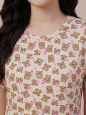 Beige Teddy Print Hosiery Nighty