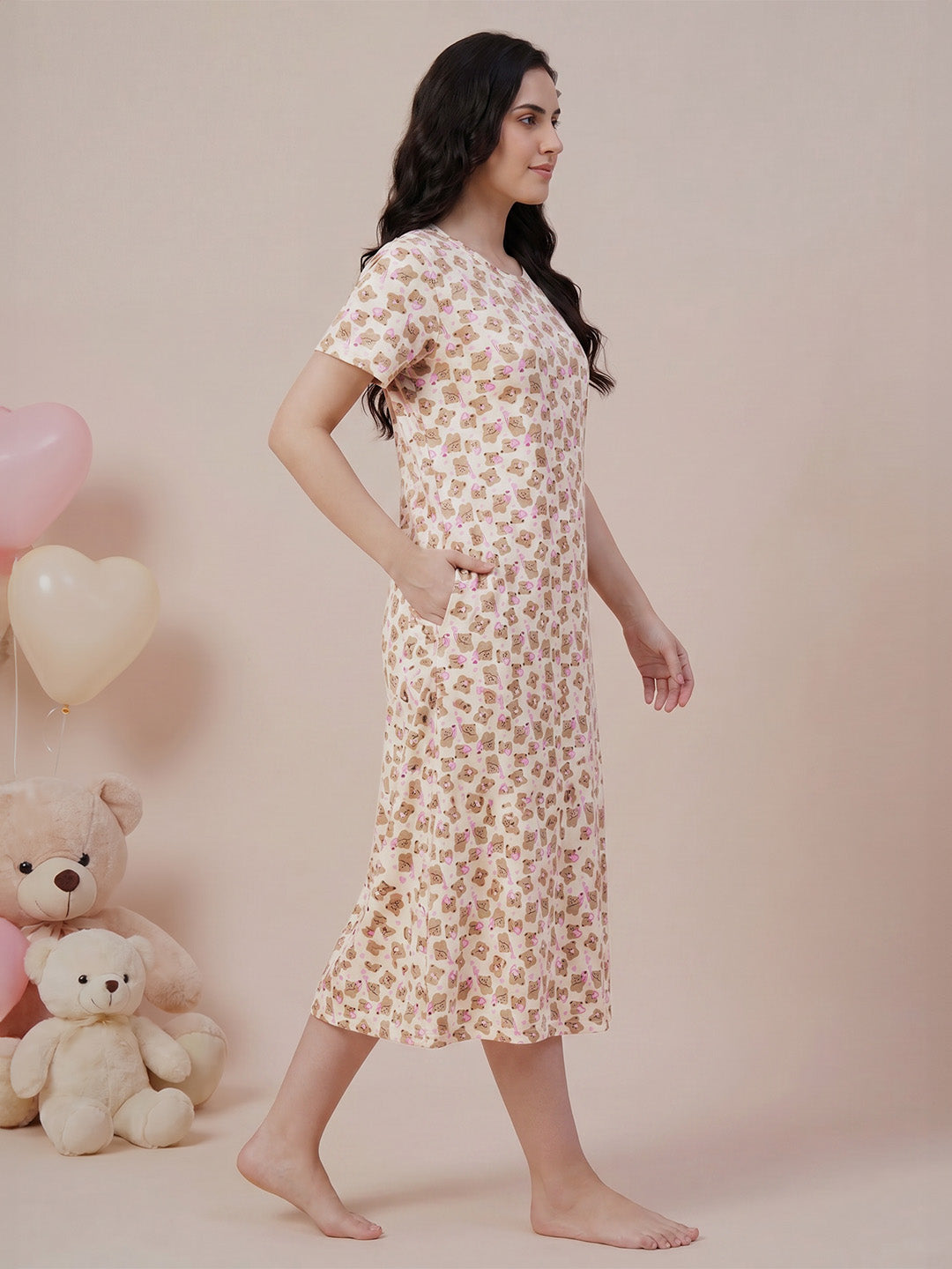 Beige Teddy Print Hosiery Nighty