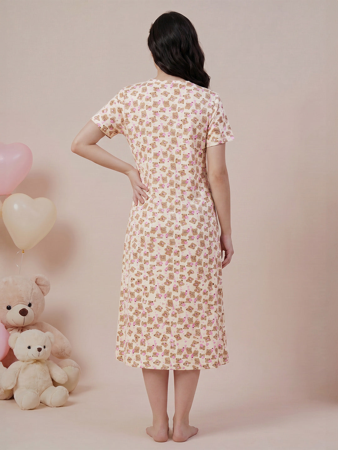 Beige Teddy Print Hosiery Nighty