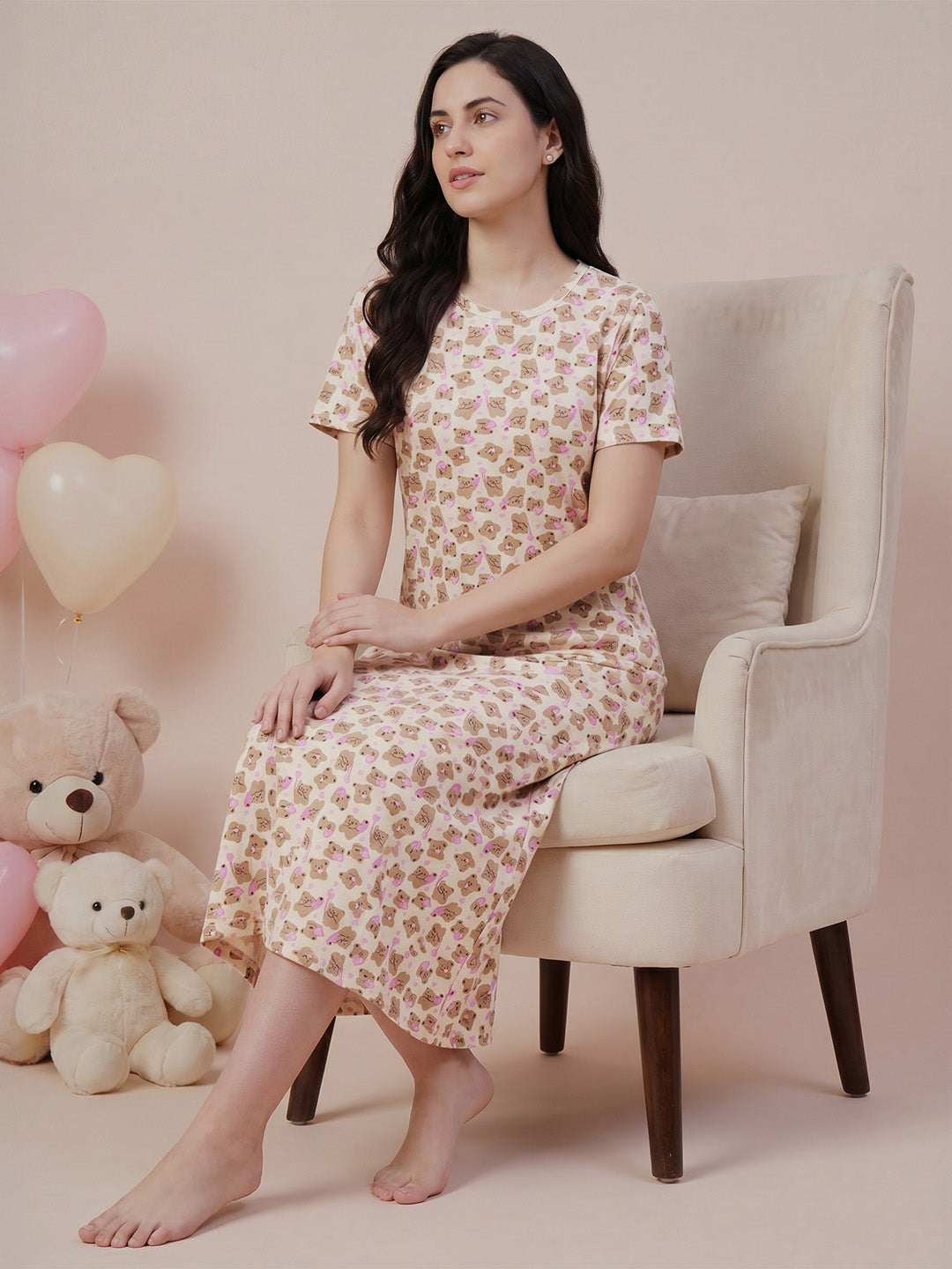 Beige Teddy Print Hosiery Nighty