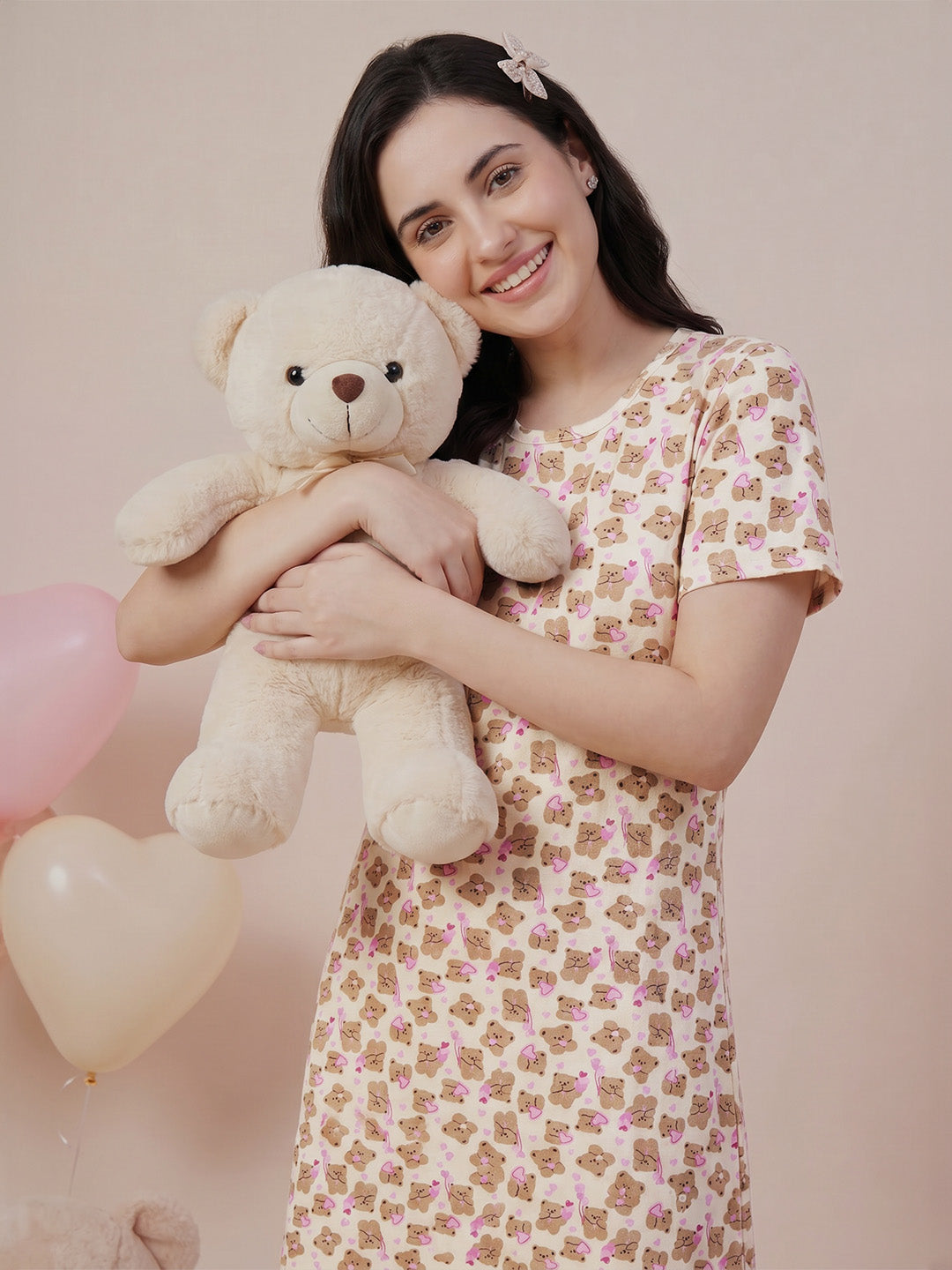 Beige Teddy Print Hosiery Nighty
