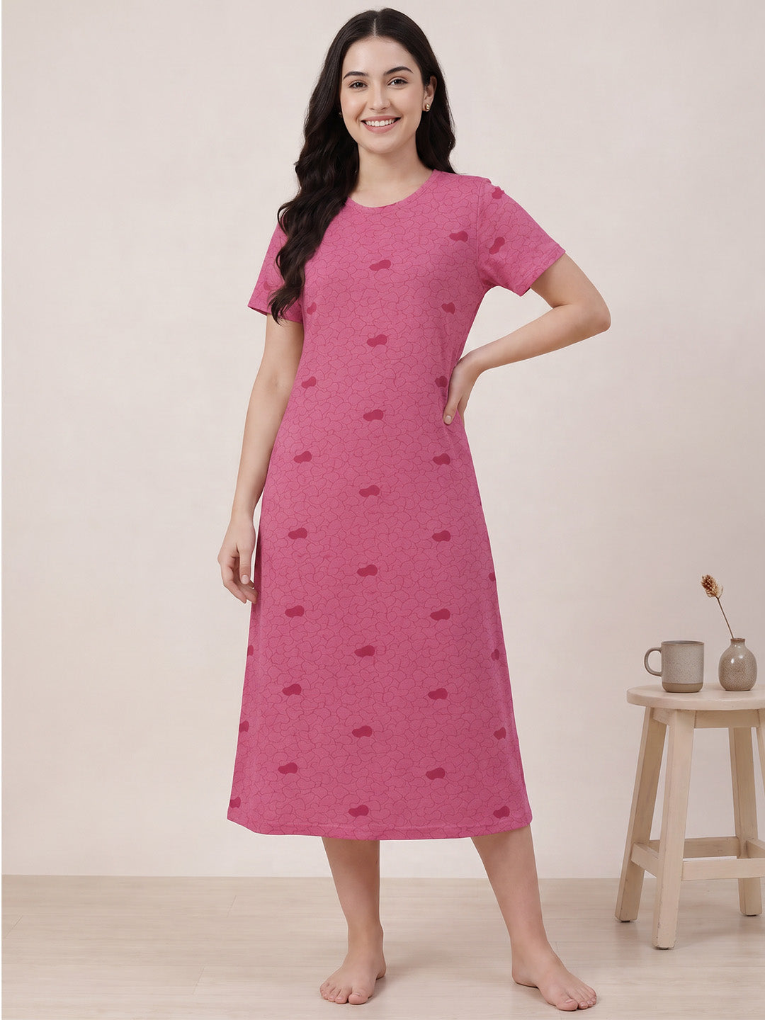 Pink Heart Print Hosiery Nighty