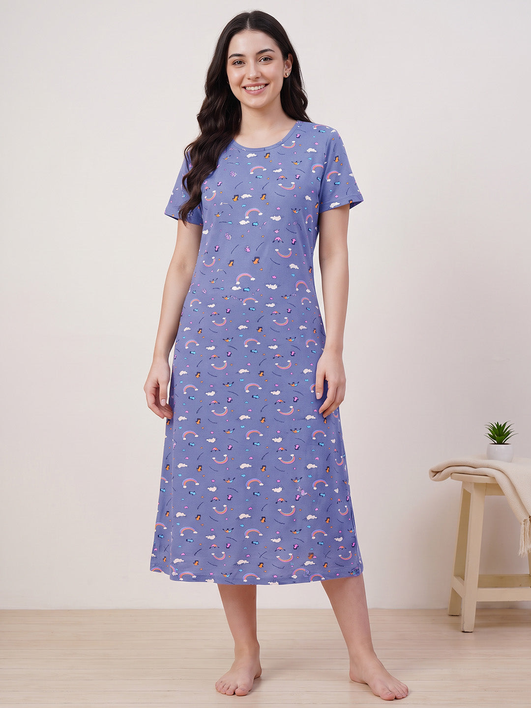 Blue Printed Hosiery Nighty