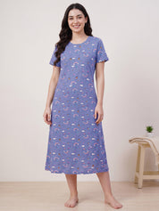 Blue Printed Hosiery Nighty