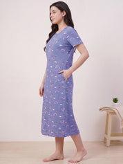 Blue Printed Hosiery Nighty