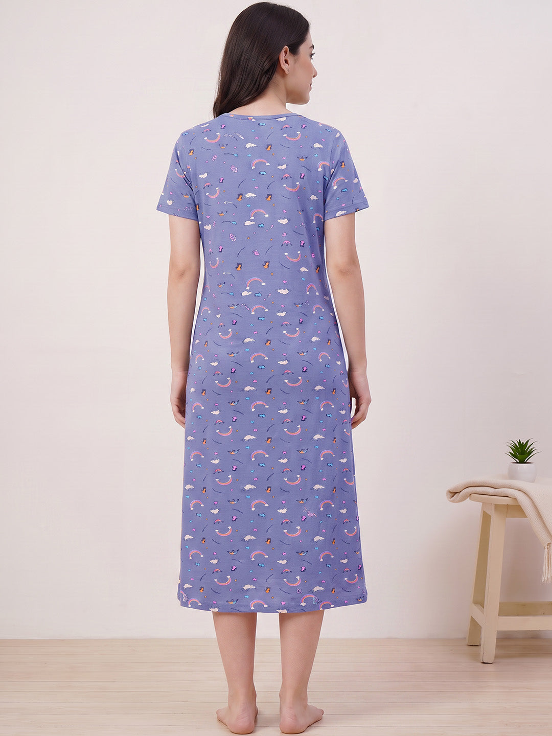 Blue Printed Hosiery Nighty