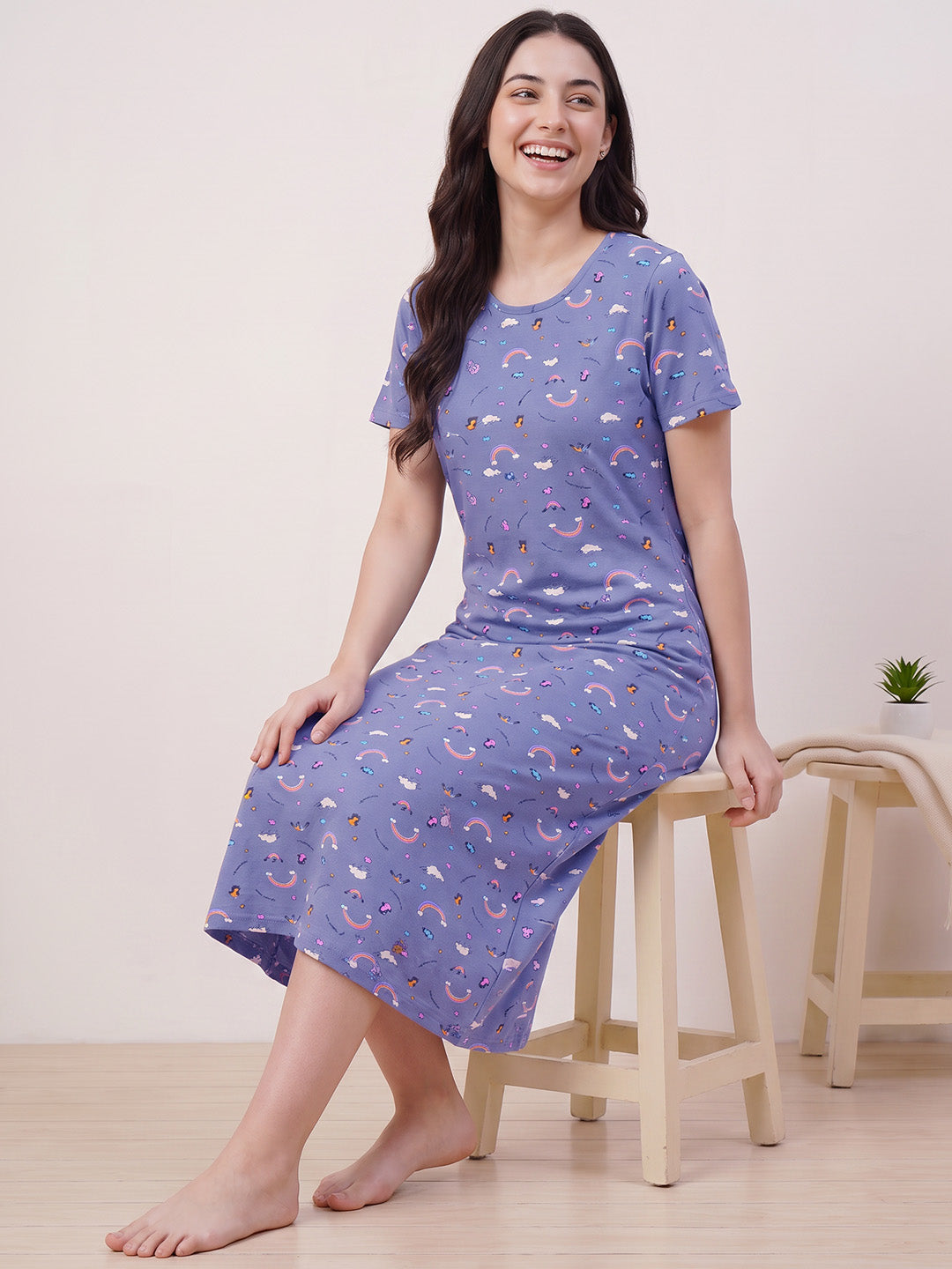 Blue Printed Hosiery Nighty