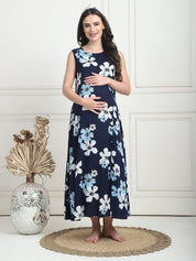 Floral Print Navy Blue Rayon Maternity Nighty Calf Length