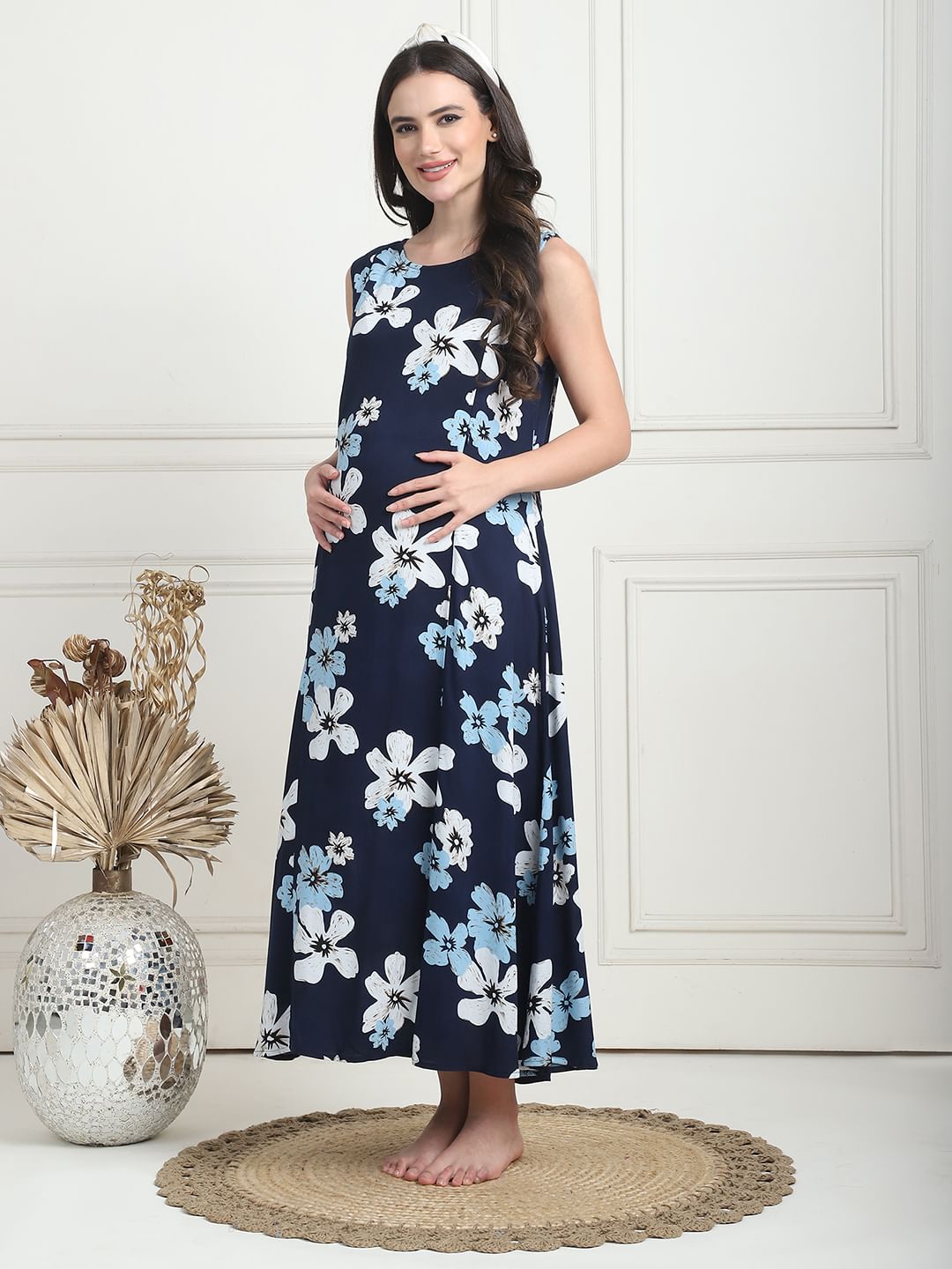 Floral Print Navy Blue Rayon Maternity Nighty Calf Length