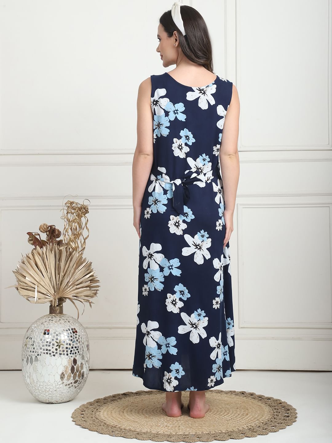 Floral Print Navy Blue Rayon Maternity Nighty Calf Length