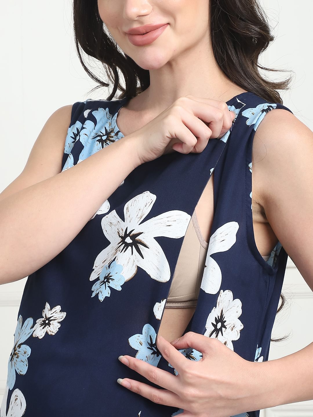 Floral Print Navy Blue Rayon Maternity Nighty Calf Length