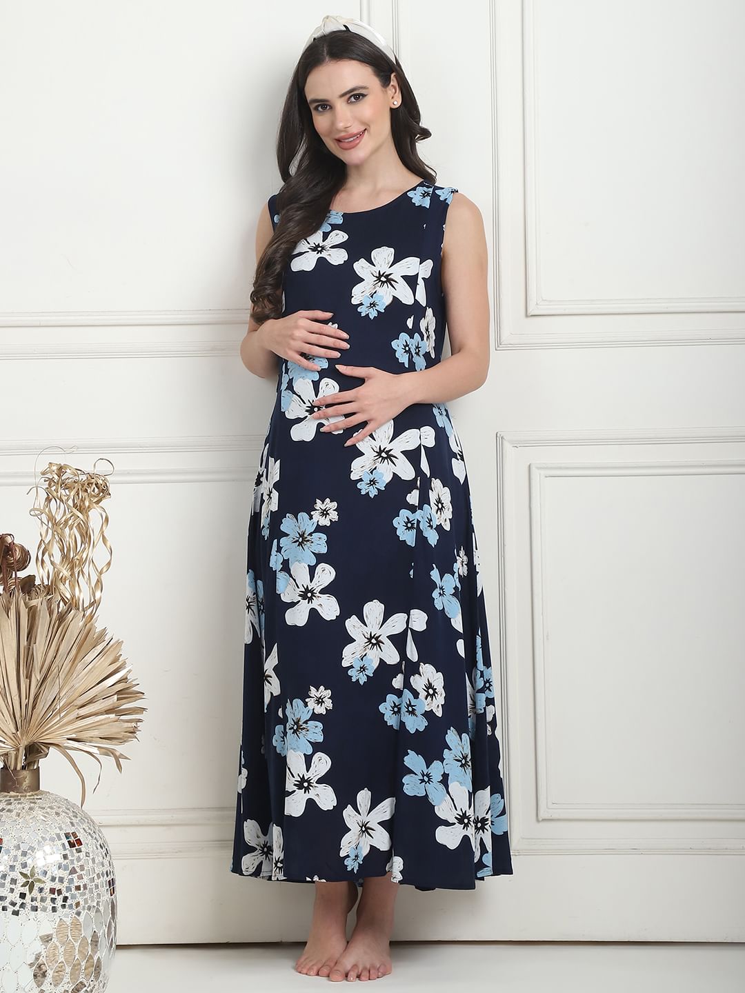 Floral Print Navy Blue Rayon Maternity Nighty Calf Length
