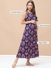 Printed Navy Blue Rayon Maternity Nighty Calf Length