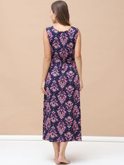 Printed Navy Blue Rayon Maternity Nighty Calf Length