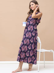 Printed Navy Blue Rayon Maternity Nighty Calf Length