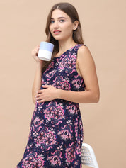 Printed Navy Blue Rayon Maternity Nighty Calf Length