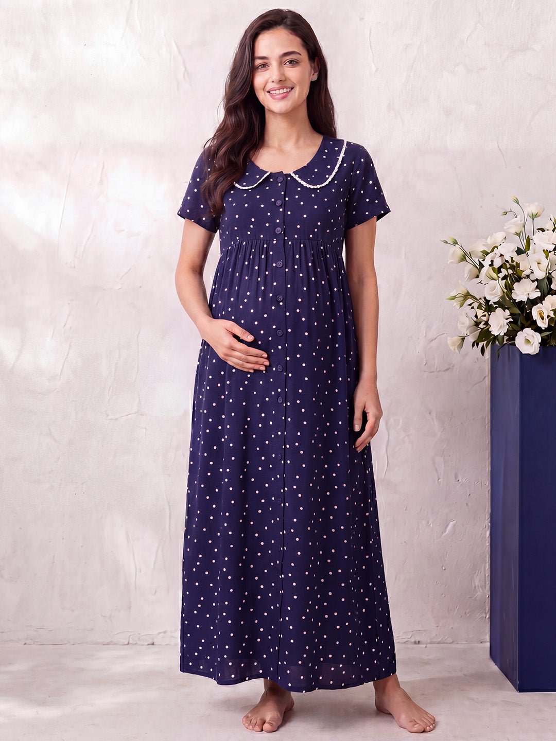 Navy Blue Polka Dot Rayon Zipless Maternity Nighty