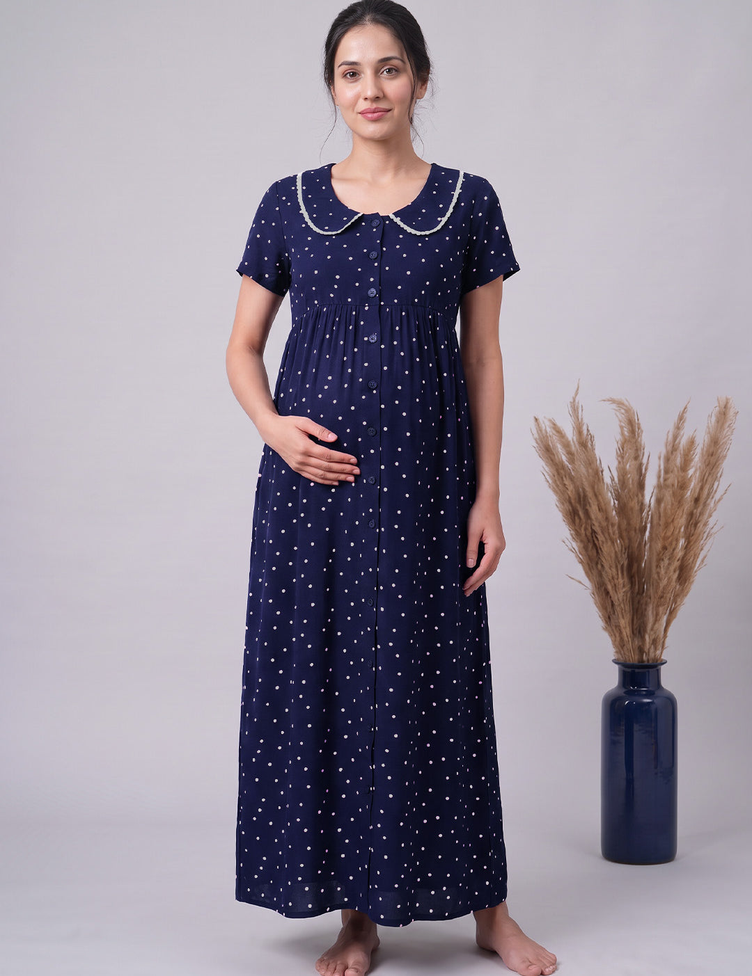 Navy Blue Polka Dot Peter Pan Rayon Zipless Maternity Nighty
