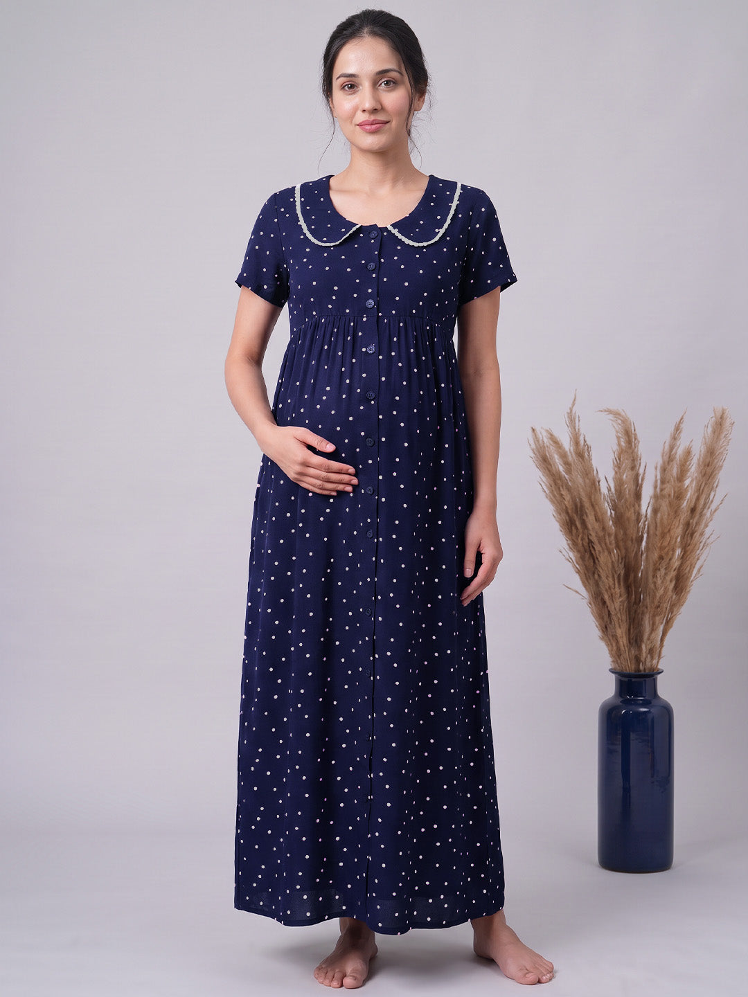 Navy Blue Polka Dot Peter Pan Rayon Zipless Maternity Nighty