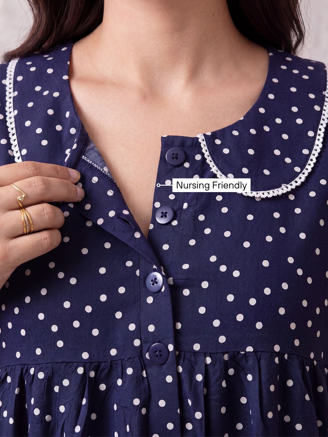 Navy Blue Polka Dot Rayon Zipless Maternity Nighty