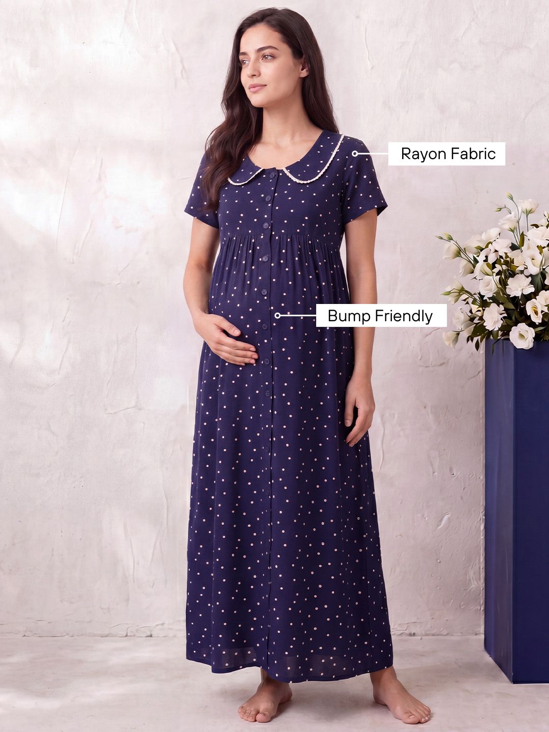 Navy Blue Polka Dot Rayon Zipless Maternity Nighty