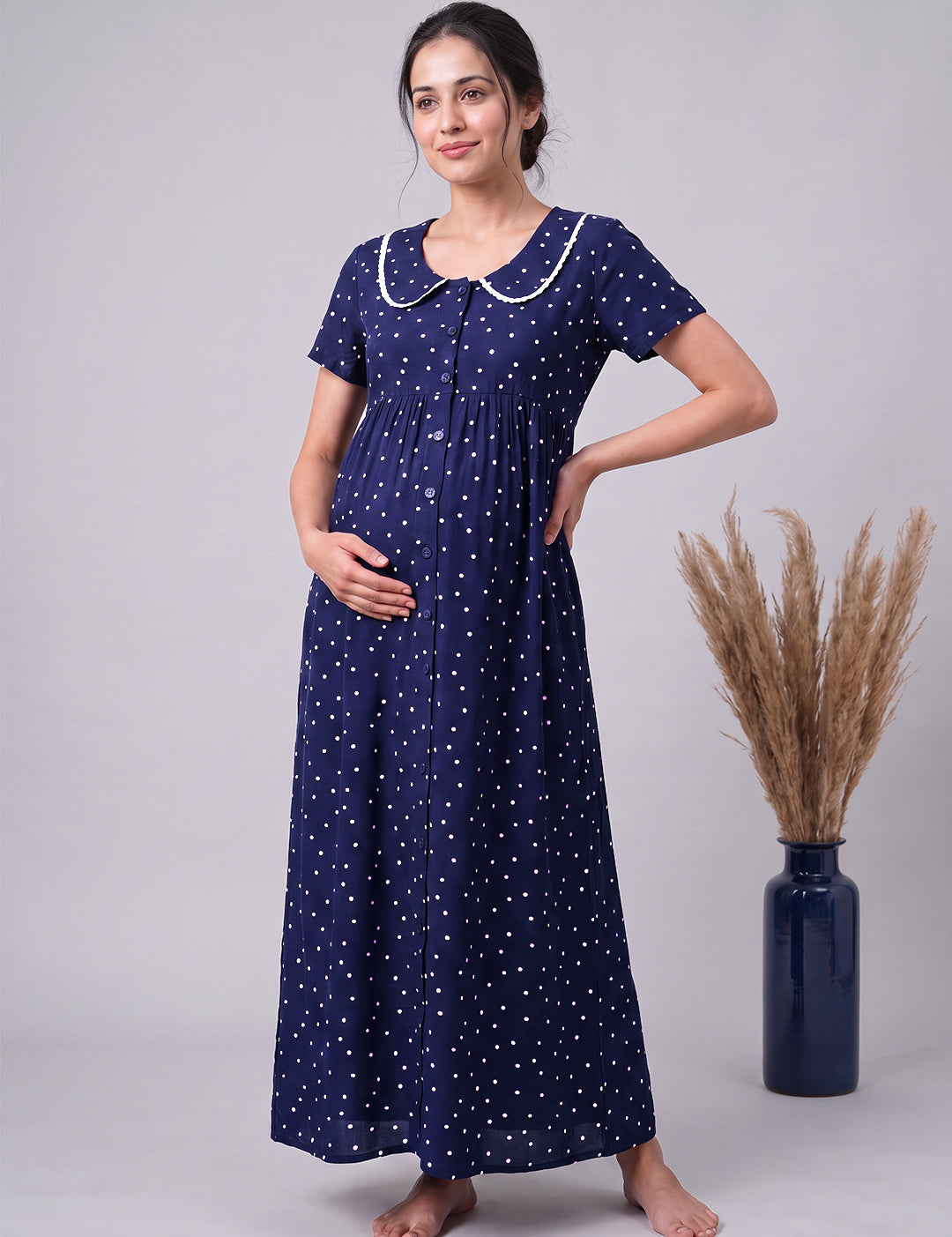 Navy Blue Polka Dot Peter Pan Rayon Zipless Maternity Nighty