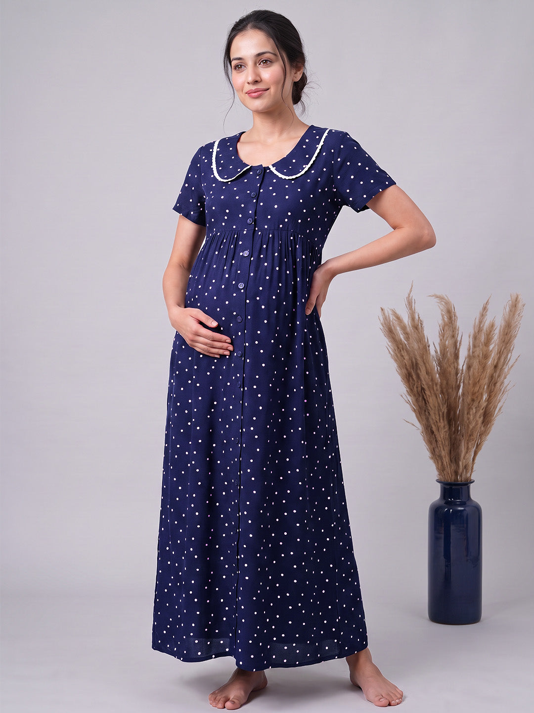 Navy Blue Polka Dot Peter Pan Rayon Zipless Maternity Nighty
