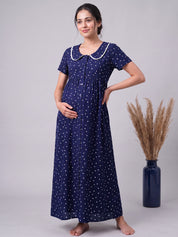 Navy Blue Polka Dot Peter Pan Rayon Zipless Maternity Nighty