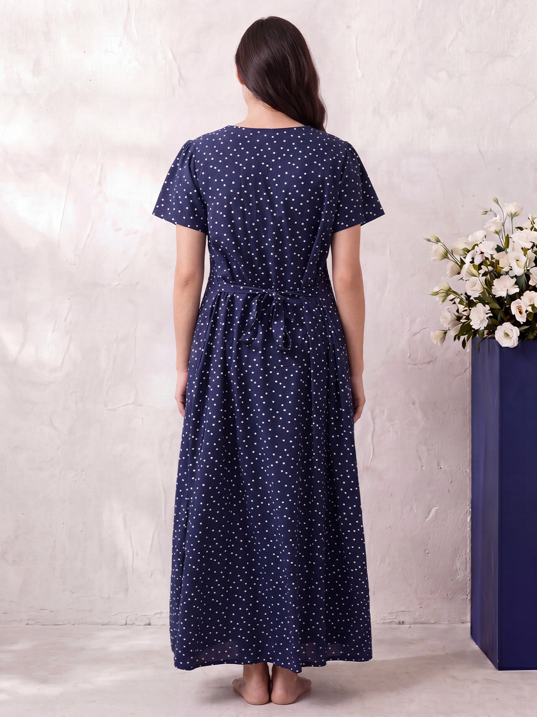 Navy Blue Polka Dot Rayon Zipless Maternity Nighty