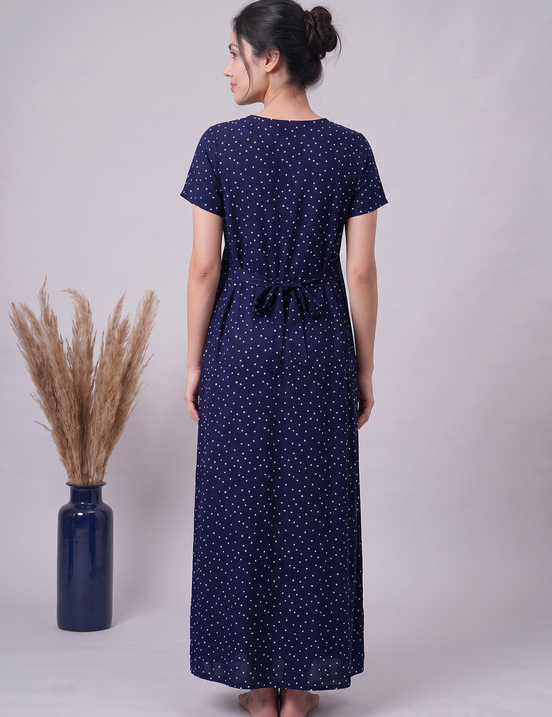 Navy Blue Polka Dot Peter Pan Rayon Zipless Maternity Nighty