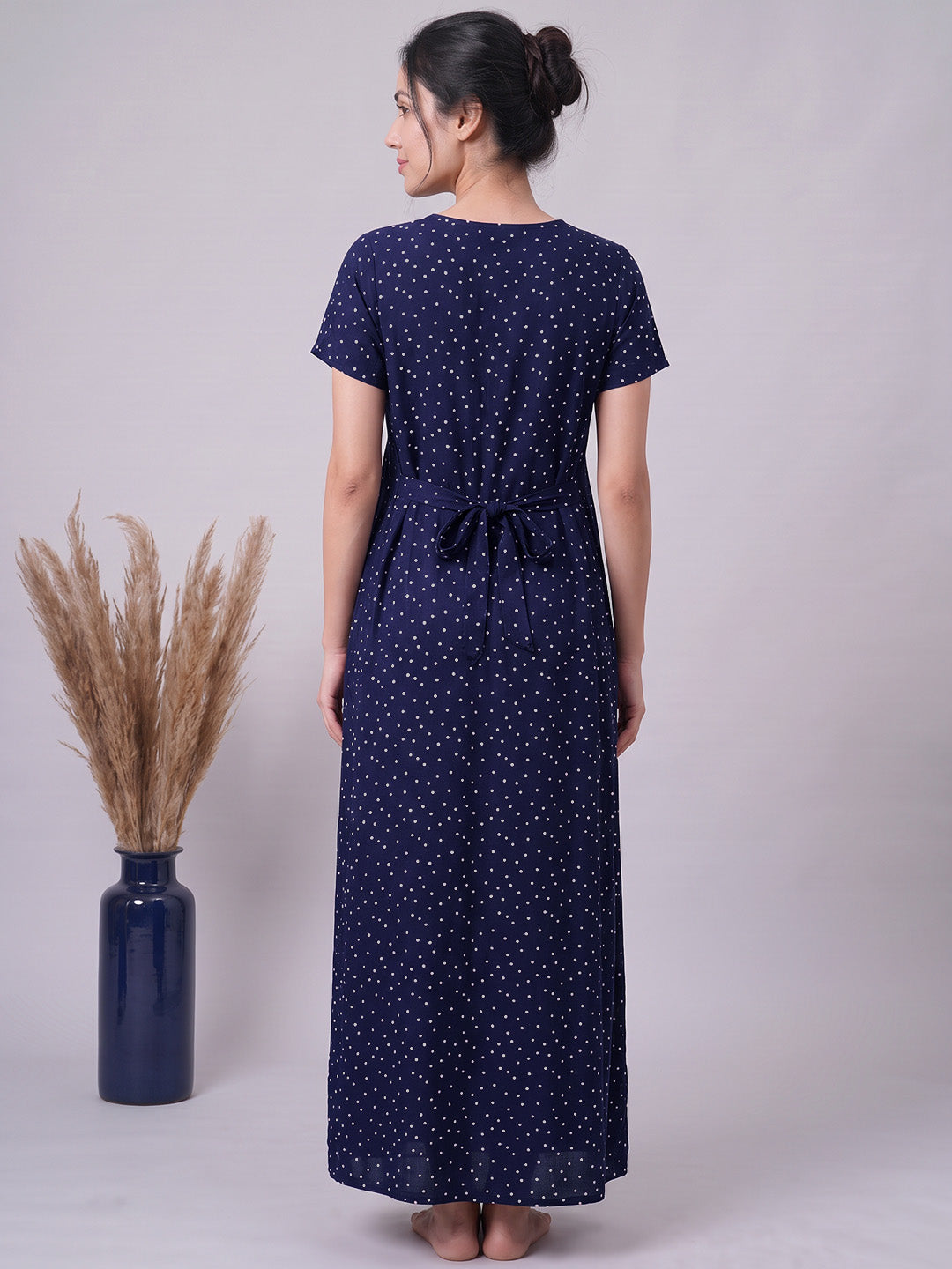 Navy Blue Polka Dot Peter Pan Rayon Zipless Maternity Nighty