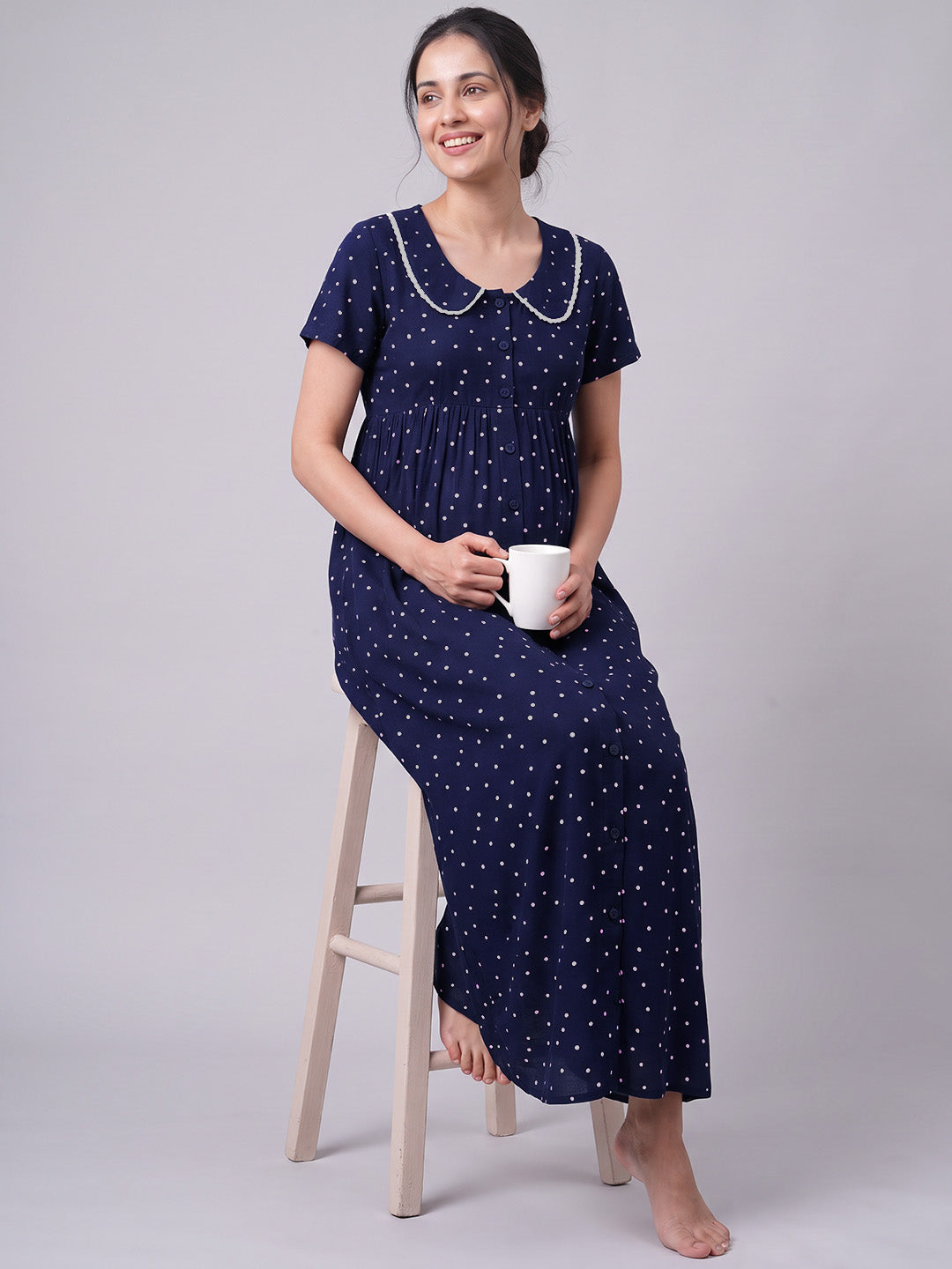 Navy Blue Polka Dot Peter Pan Rayon Zipless Maternity Nighty