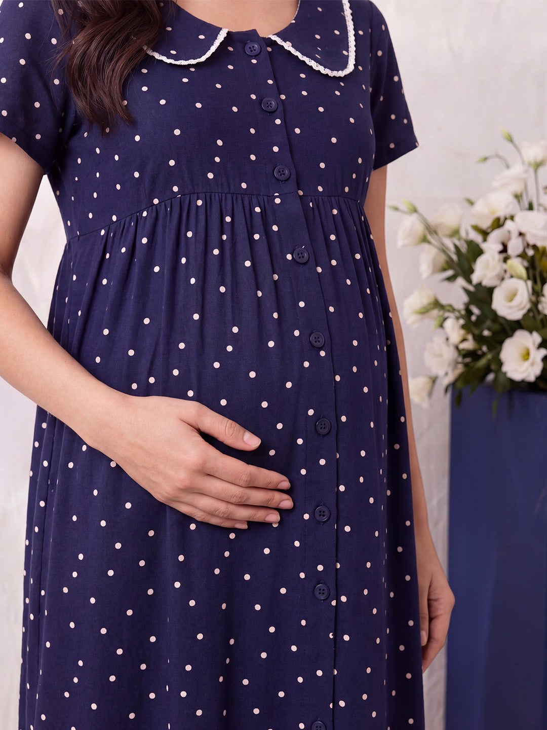 Navy Blue Polka Dot Rayon Zipless Maternity Nighty