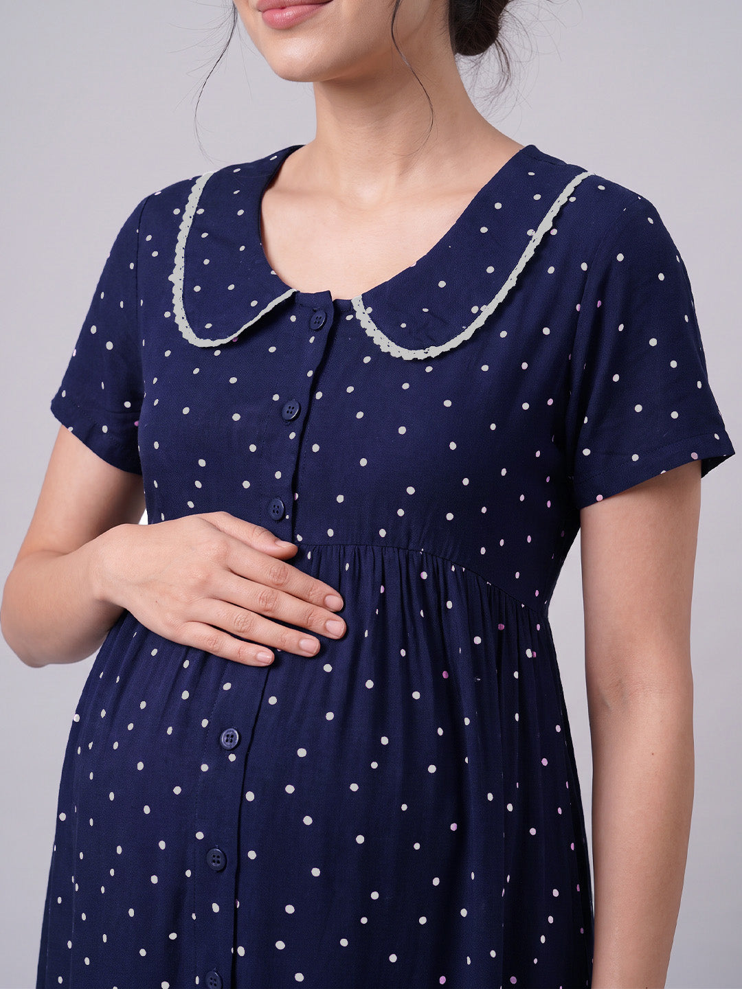 Navy Blue Polka Dot Peter Pan Rayon Zipless Maternity Nighty