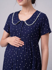 Navy Blue Polka Dot Peter Pan Rayon Zipless Maternity Nighty