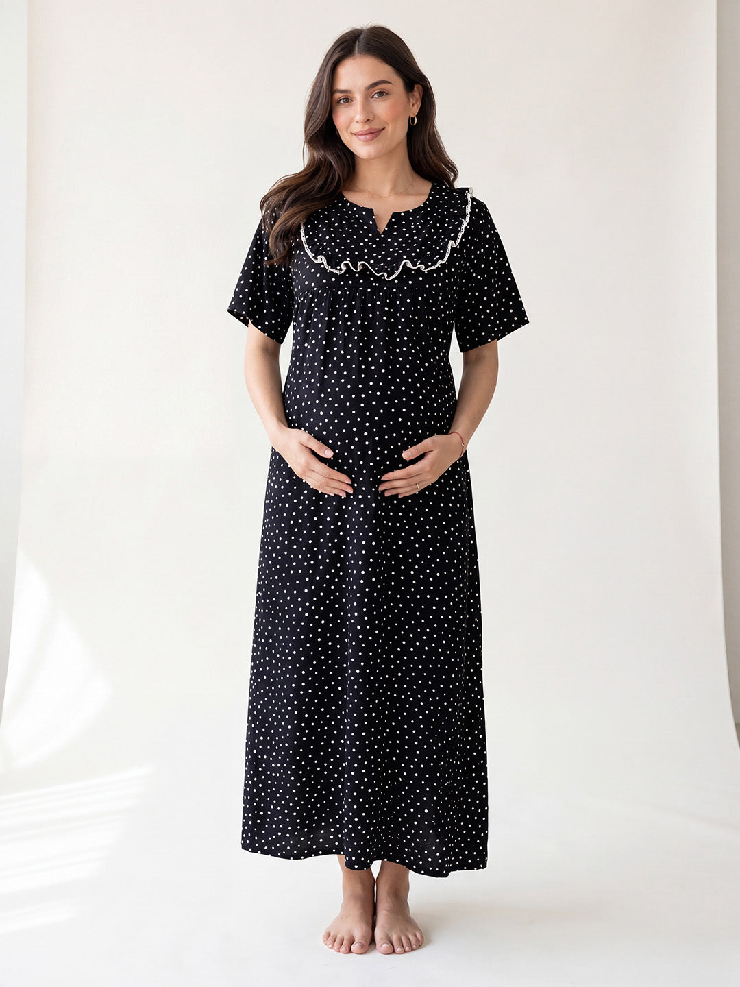 Black Polka Dot Rayon Maternity Nighty