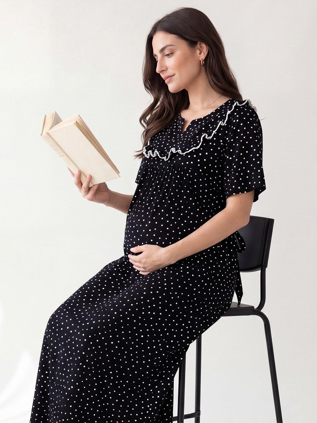 Black Polka Dot Rayon Maternity Nighty