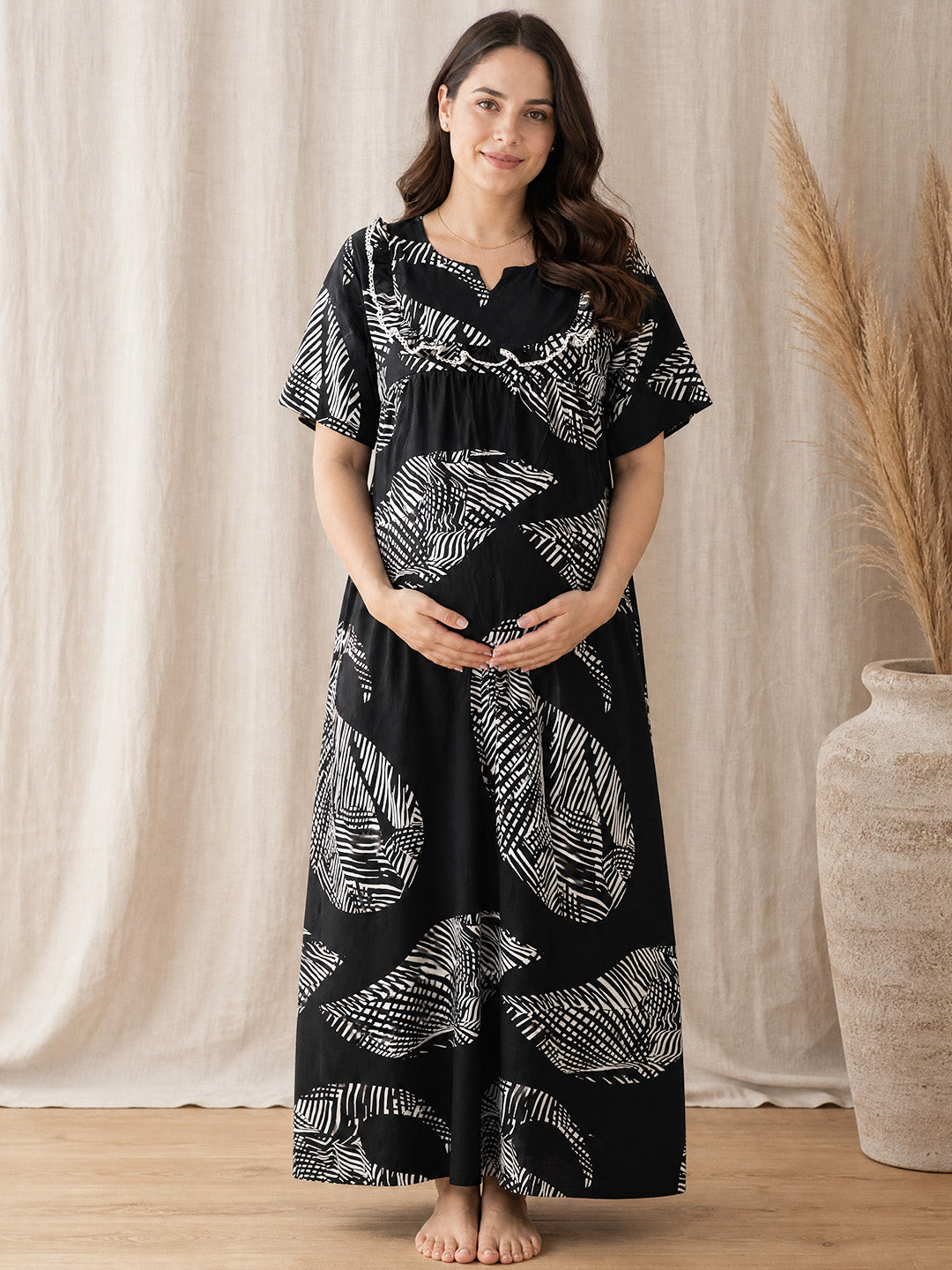 Black Abstract Rayon Maternity Nighty