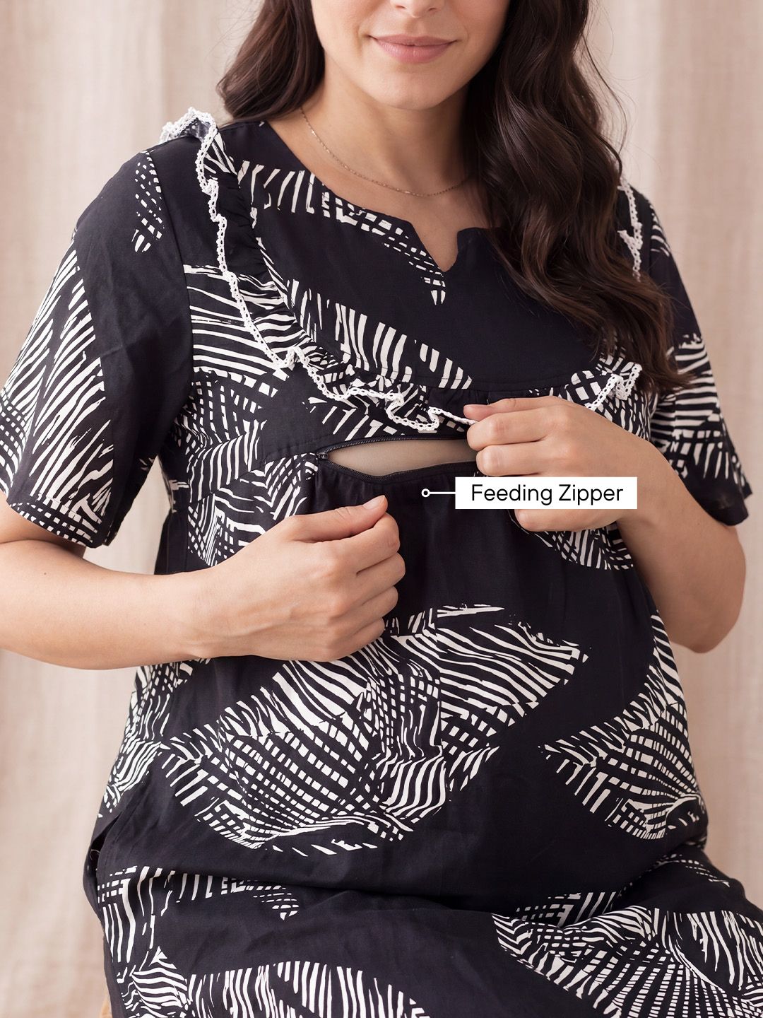 Black Abstract Rayon Maternity Nighty