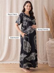 Black Abstract Rayon Maternity Nighty
