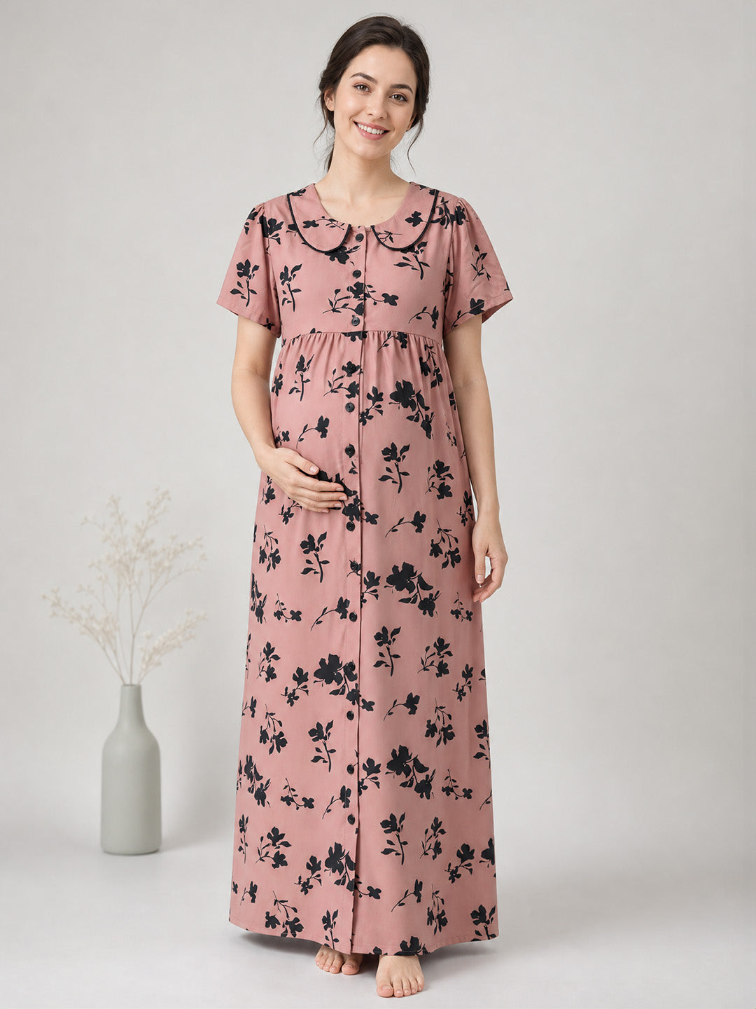 Brown Floral Rayon Zipless Maternity Nighty