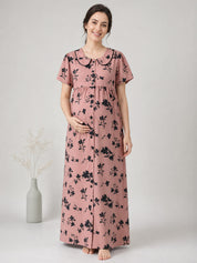 Brown Floral Rayon Zipless Maternity Nighty