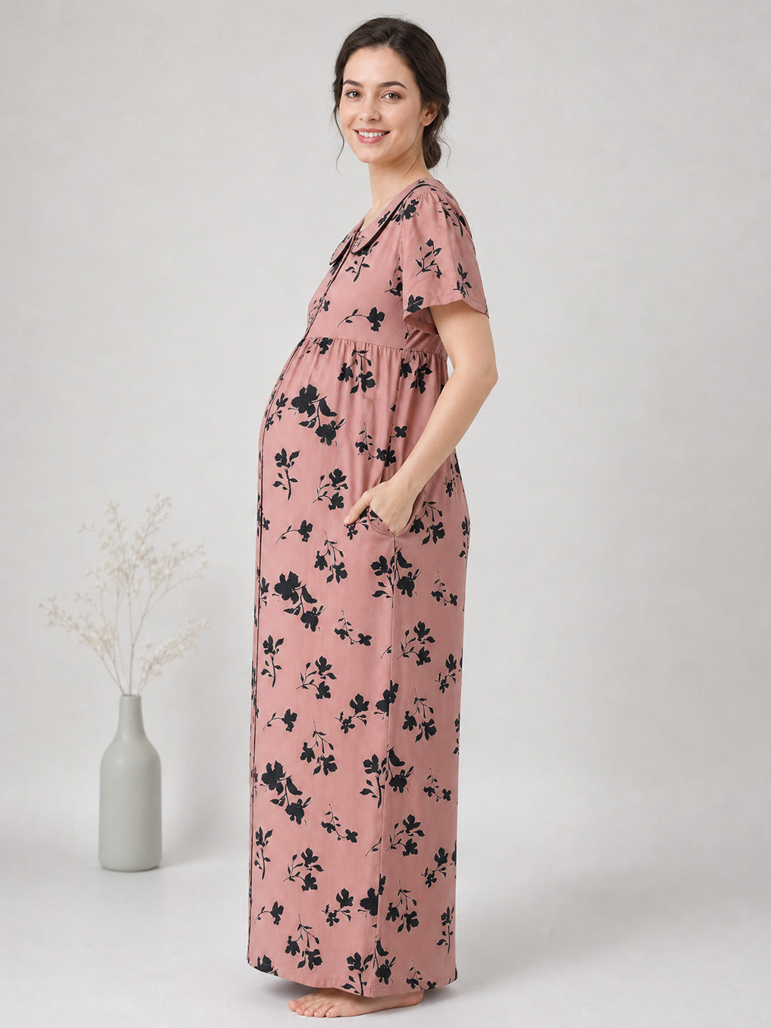 Brown Floral Rayon Zipless Maternity Nighty