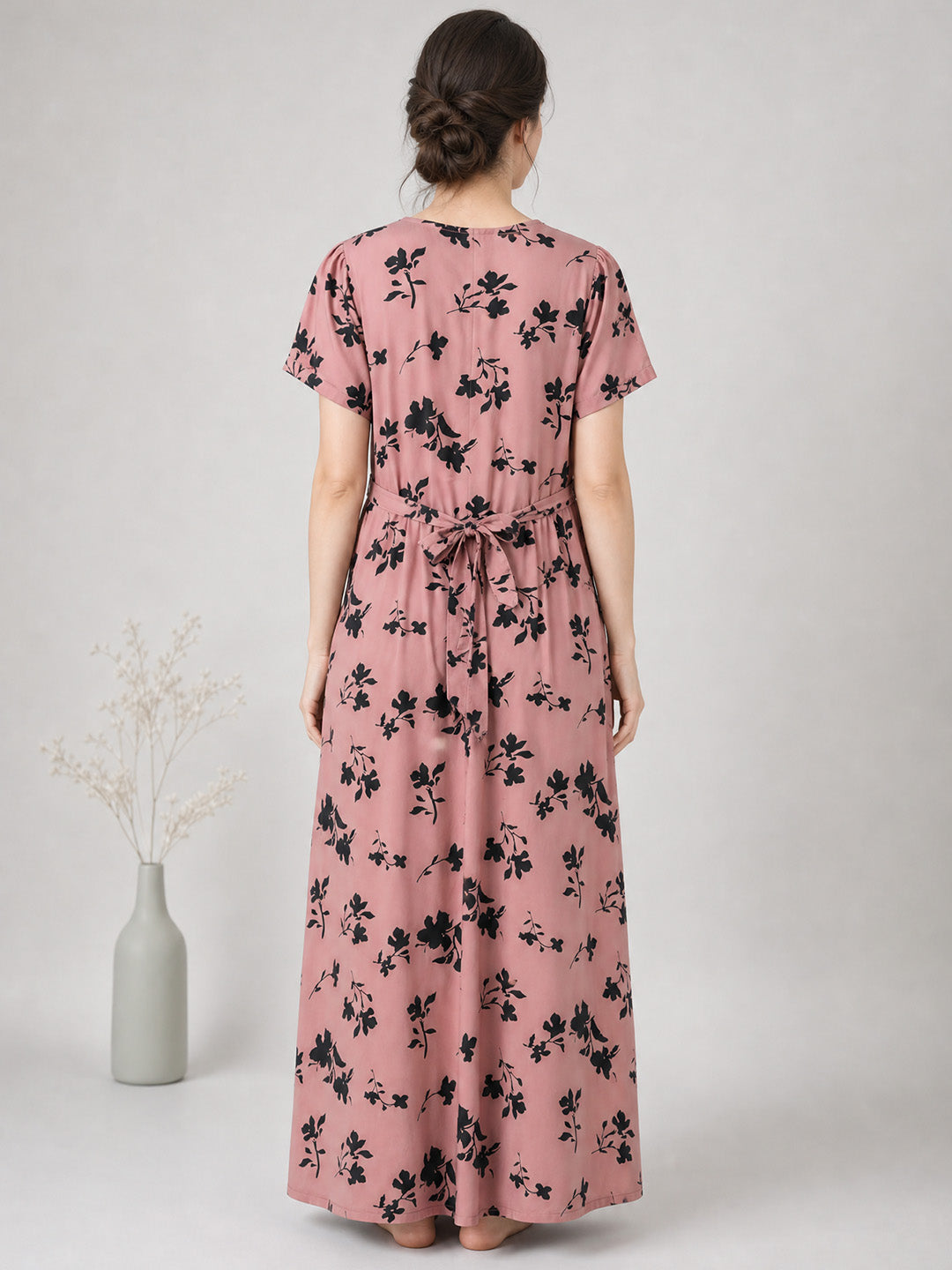 Brown Floral Rayon Zipless Maternity Nighty